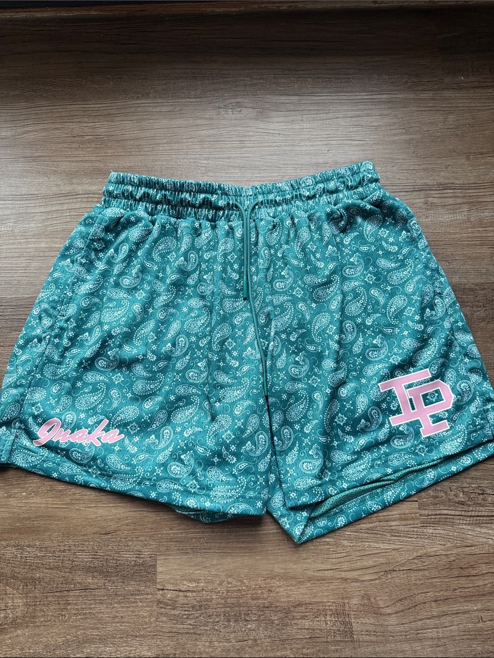 Inaka Power Teal Paisley Athletic Shorts with Pink Logo